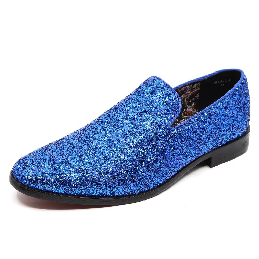 Blue Glitter Men's Vintage Designer Classic Smoking Dress Tuxedo Loafers Shoes